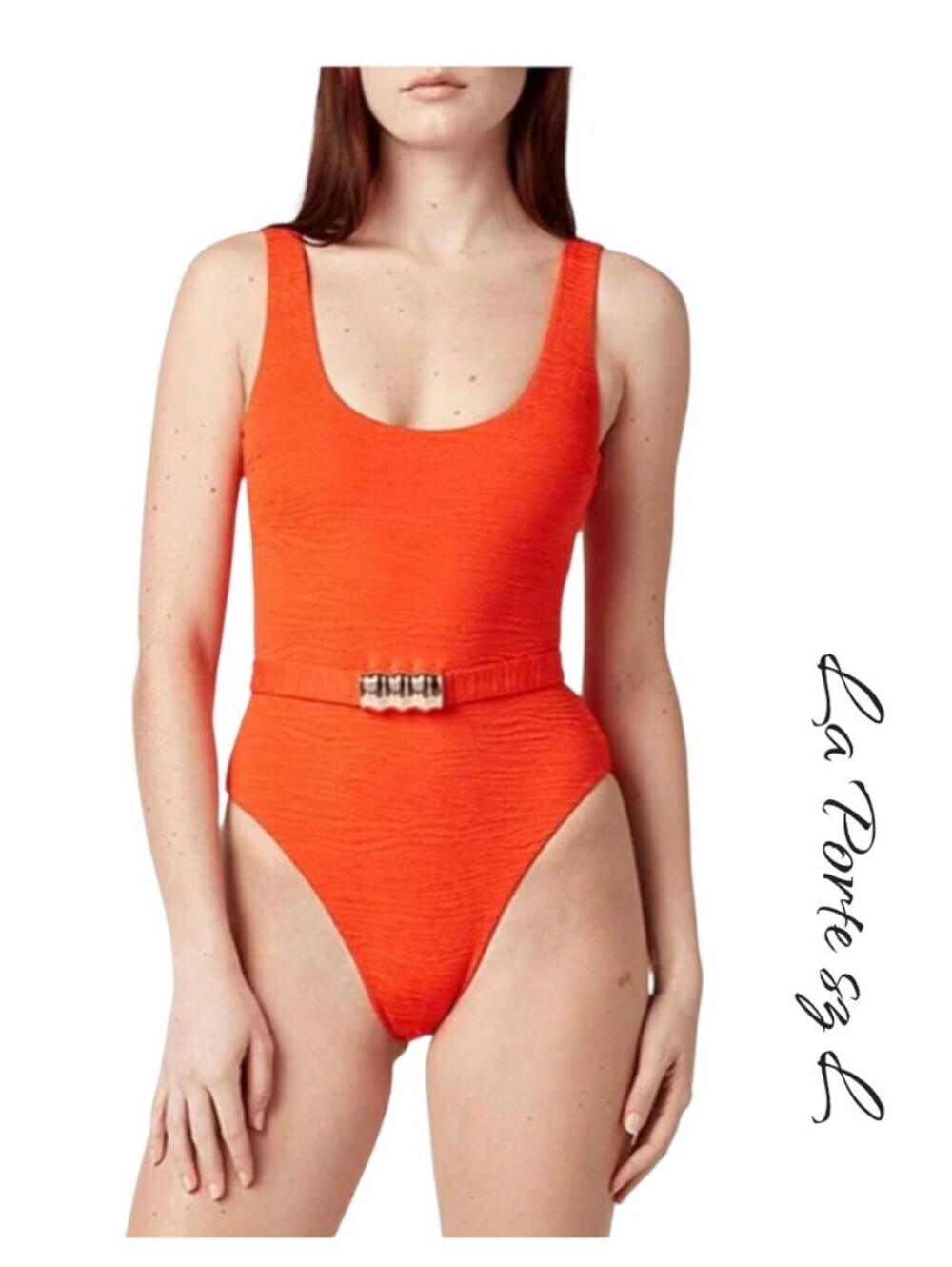 LA PORTE Mandy One Piece Swimsuit Tangerine Tango Jacquard Orange Belted Size L